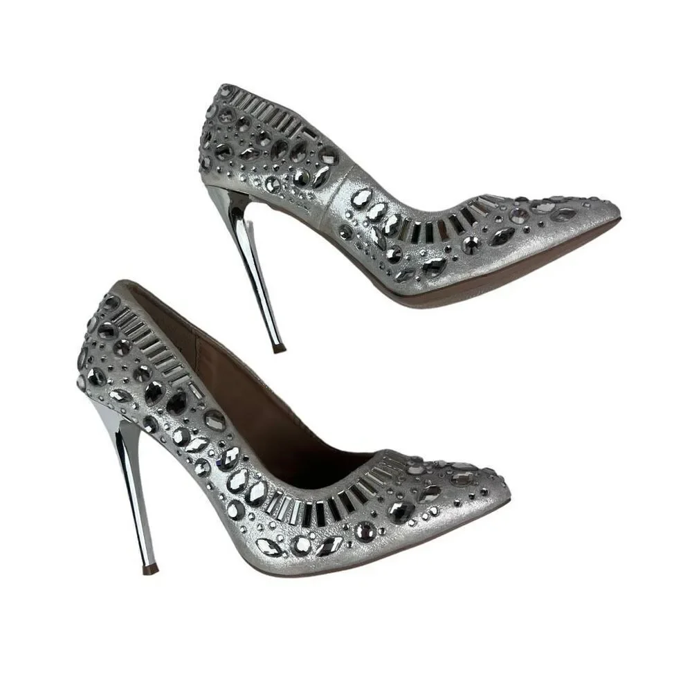 Charlotte Russe Elsa Heels Silver Studded Rhinestone Embellished 4.5 Heel Size 8